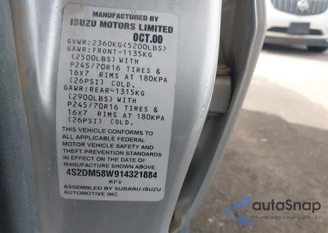 2001 Isuzu Rodeo Ls 3.2L/Ls 3.2L V6/Lse 3.2L V6/S/S 3.2L V6 z USA, uszkodzony, nr VIN 4S2DM58W914321884